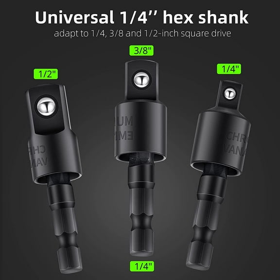 DASAW-4 Pcs Impact Socket Adapter Set 90 Degree right angle Drill Attachment 360° Rotatable 1/4 3/8 1/2" Impact Grade Socket Adapter for Cordless & Screwdriver Power Drill & Driver(Black)