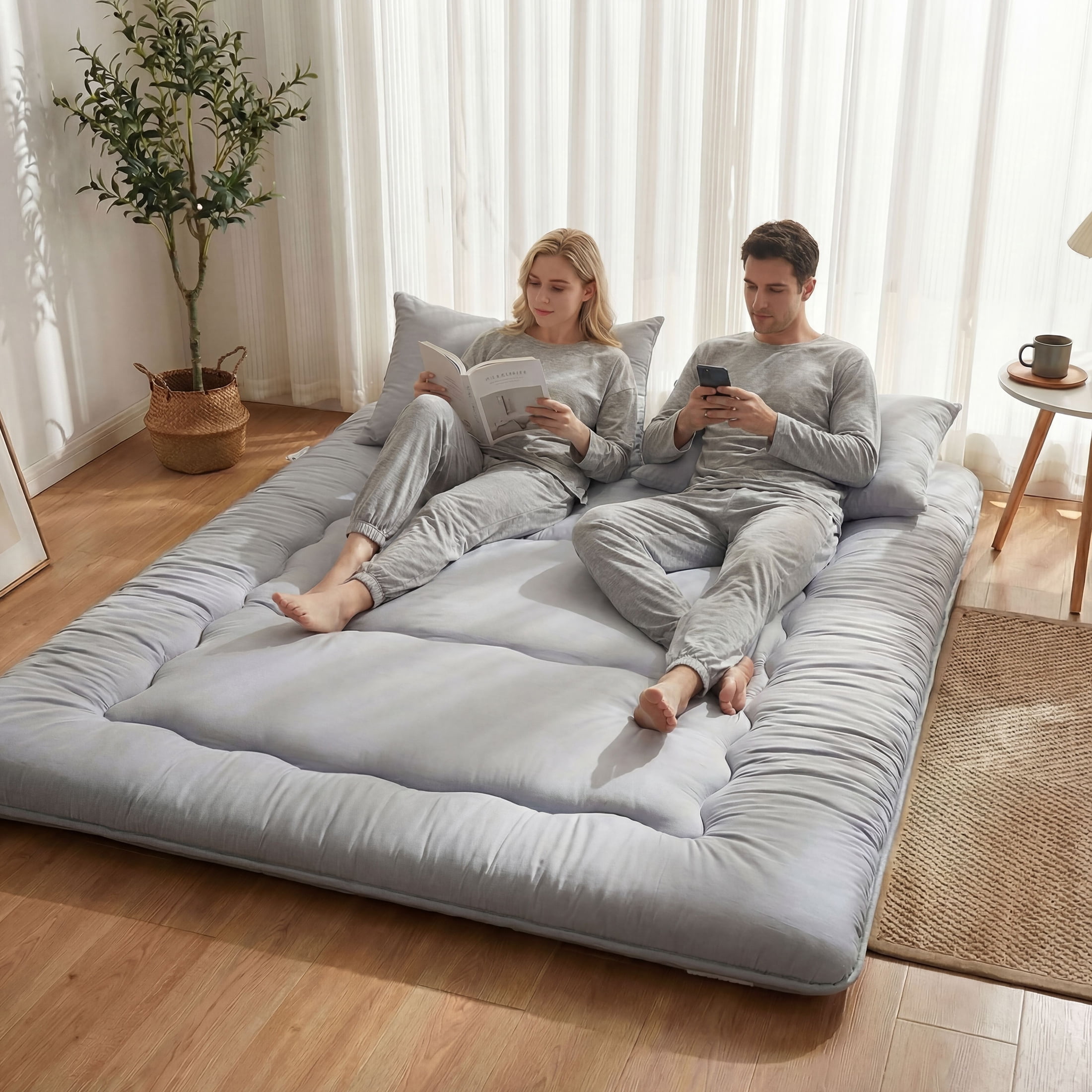 EDX Japanese Floor Futon Mattress Toppers, Foldable Tatami Mat, Thick Sleeping Mattress Pad with Storage Bag & Dust Cover, Gray, Full
