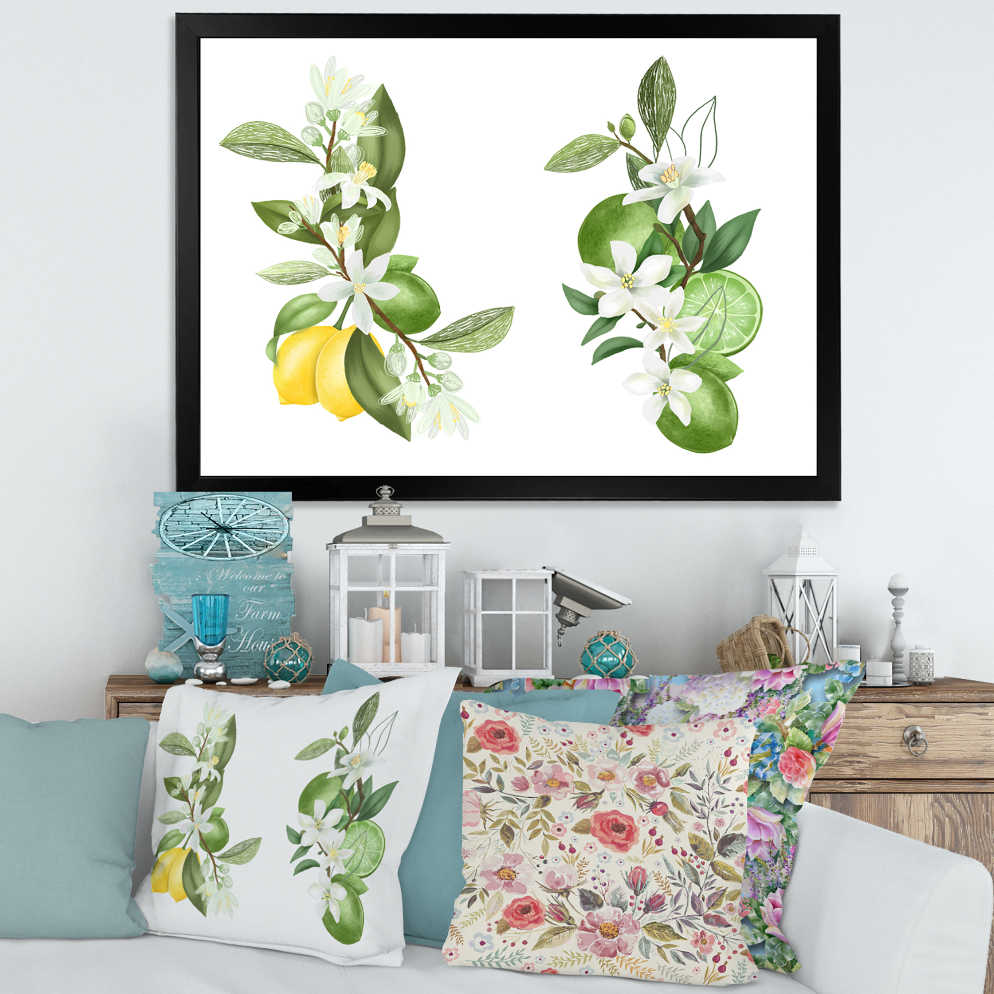 Designart 'Bouquets Of Blooming Lemon Tree Branches on White' Traditional Framed Art Print