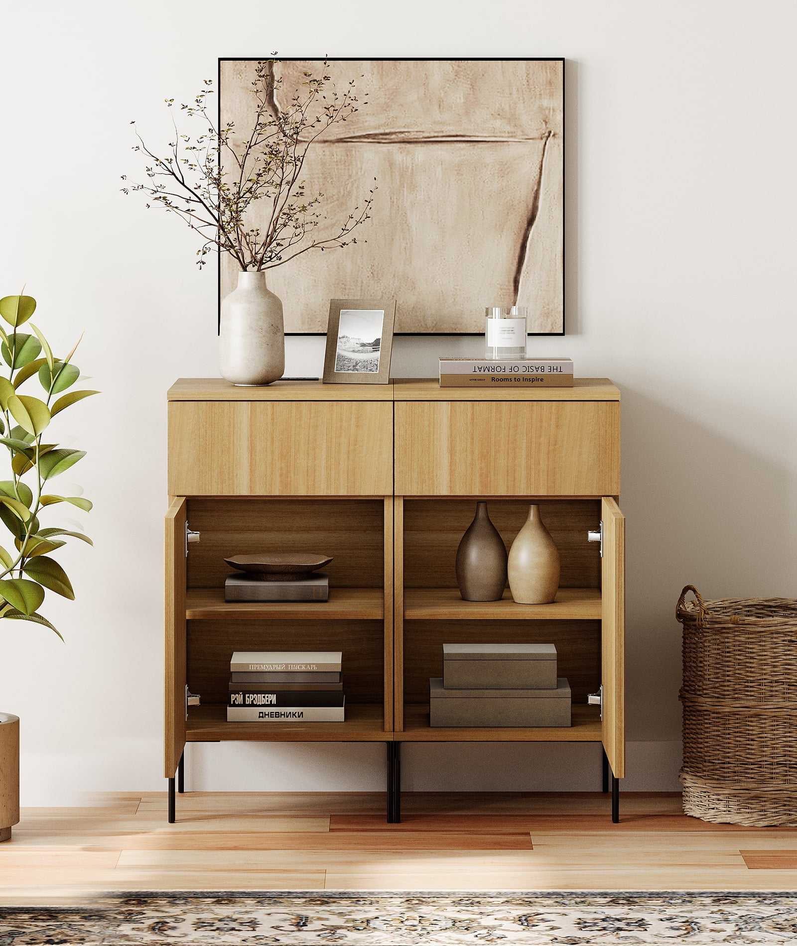 31.5" Modern Reeded TV Stand with Charging Station, Entertainment Center with Adjustable Shelves,Wooden TV Console with Drawers for Living Room