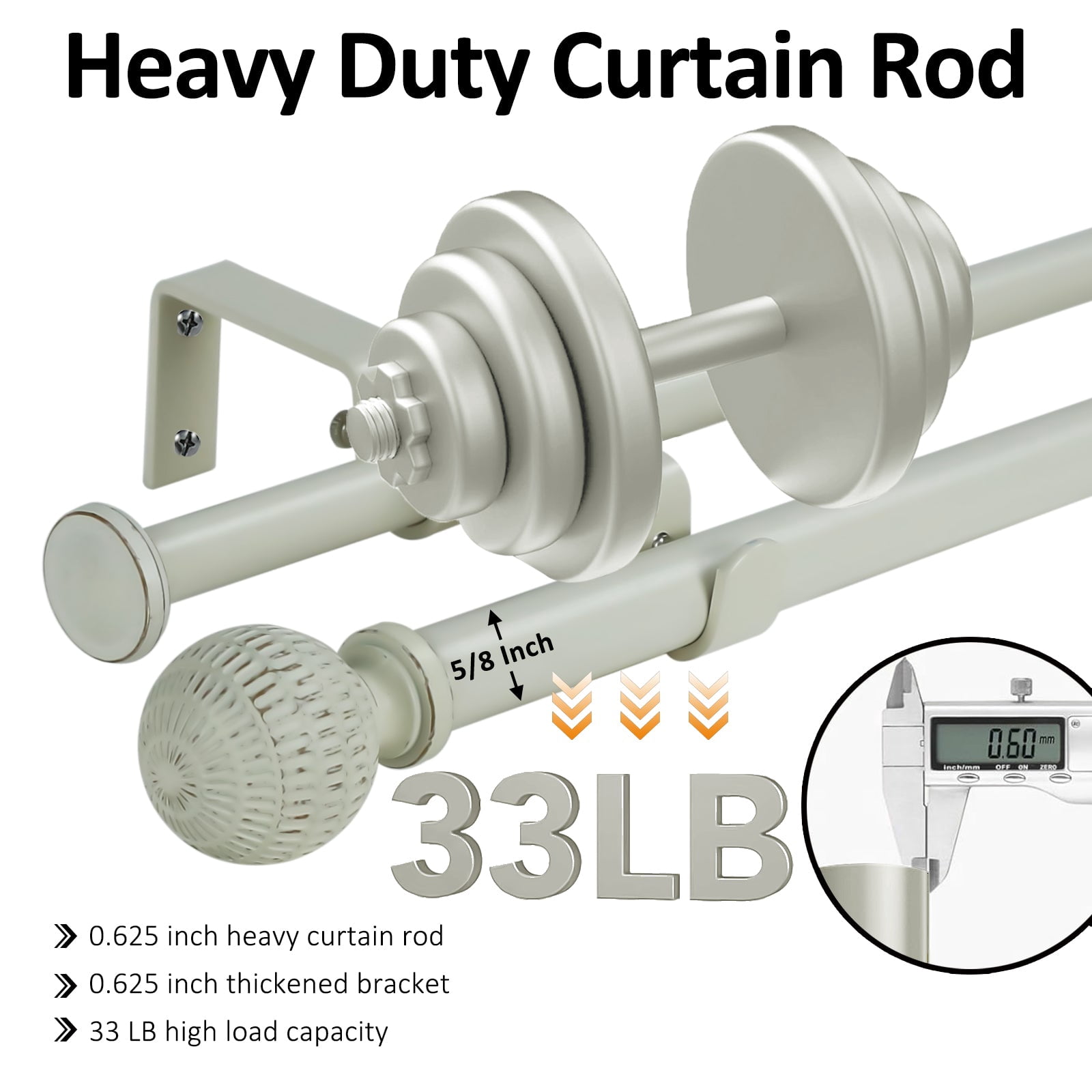 Ridicili 5/8" Telescoping Double Curtain Rods with Reticulated Ball Finials, Weathered White, 84"-120", 5/8 Inches Front and 1/2 Inches Back Double Window Drapery Rod