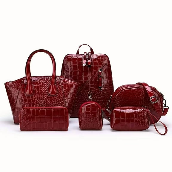 6pcs Set PU Minimalist Crocodile Embossed Women's Bag Set, High Cost Performance, Includes: Backpack, Tote Bag, Shoulder Bag, Clutch, Keybag, Wallet