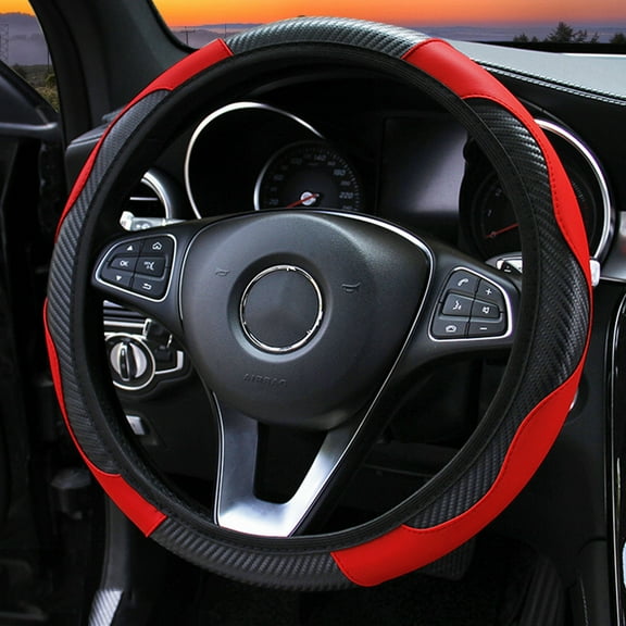 Leadwolf Car Suede Carbon Fiber Steering Wheel Cover car Anti-Skid Leather car Interior Accessories Decoration 15 inch Universal Black Red