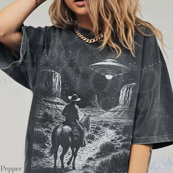 Cowboy and UFO Graphic Print T-Shirt | Vintage Western Alien Encounter Tee | Retro Space Desert Unisex Top