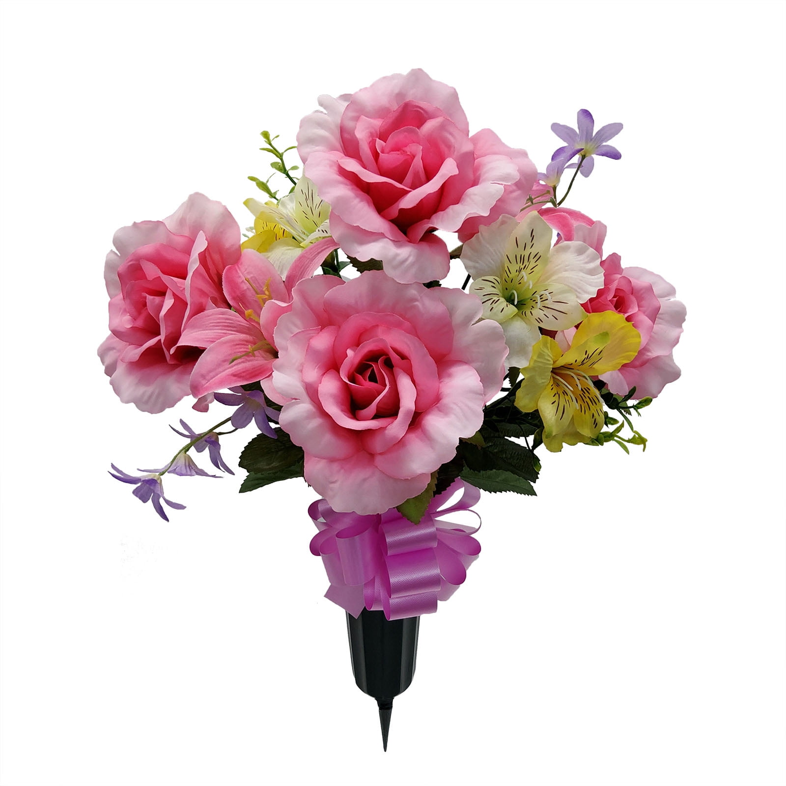 Mainstays 20 Height Rose and Lily in Cemetery Vase, Pink Color, Artificial Flower, Polyester