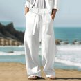 thumbnail image 2 of CHEEREAM Mens Wide Leg Pants Linen Pant Belted High Waisted Business Casual Flowy Long Trousers with Pockets White S, 2 of 7
