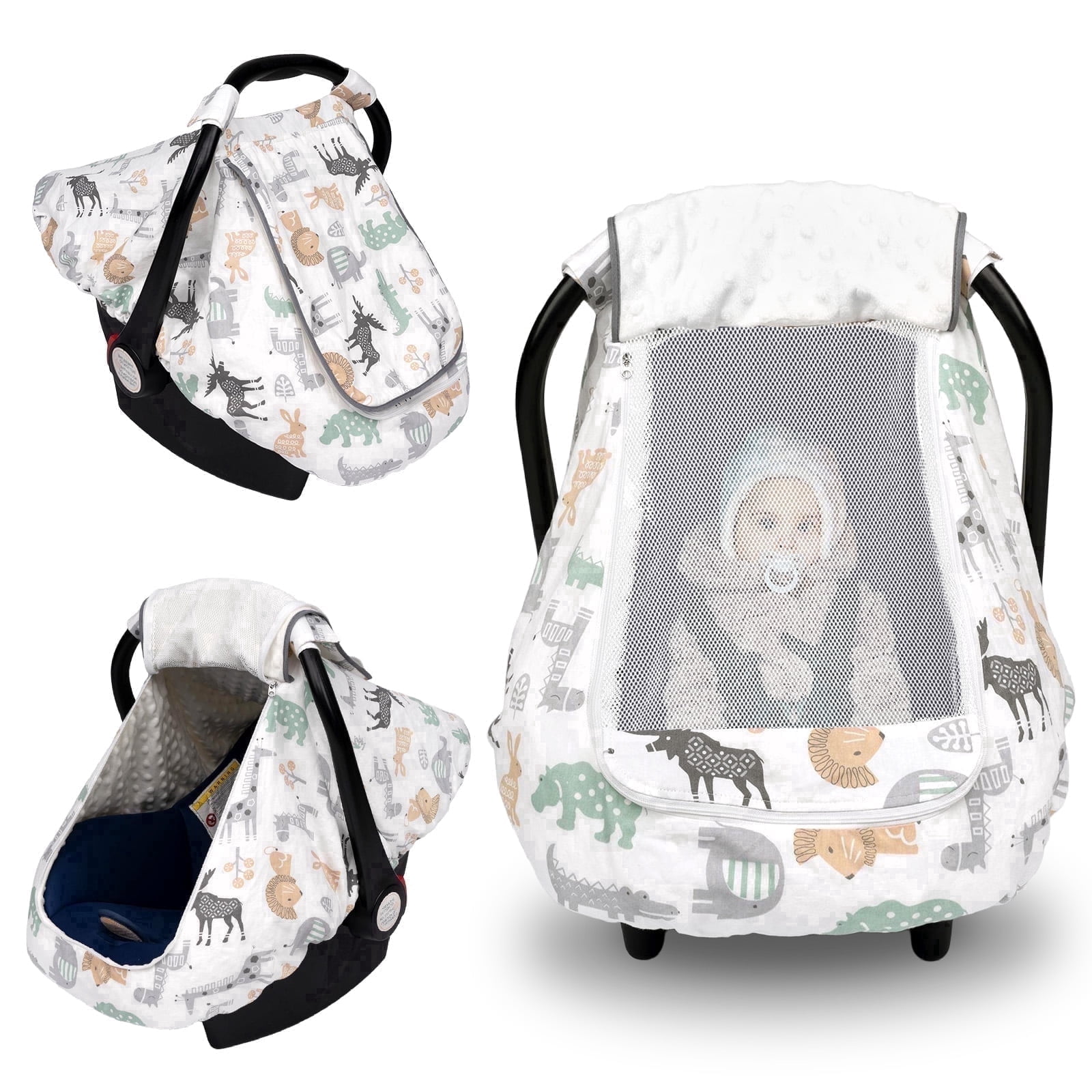 Beavtaens 3-in-1 Baby Car Seat Cover, Infant Carseat Canopy, Soft & Breathable, White