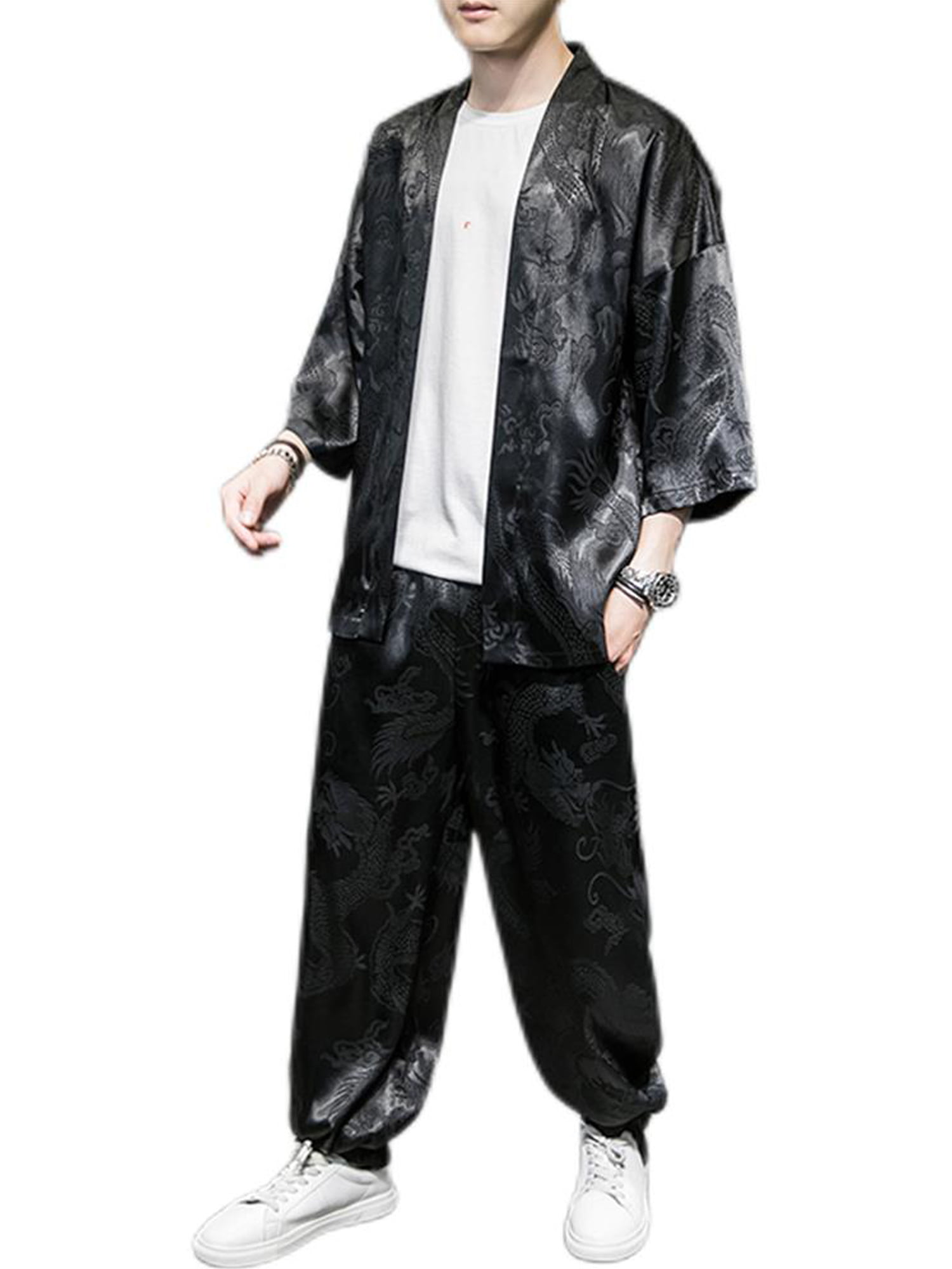 Pfysire Men's Tracksuit Set Kimono Tops Ice Silk Oriental Black 5XL -