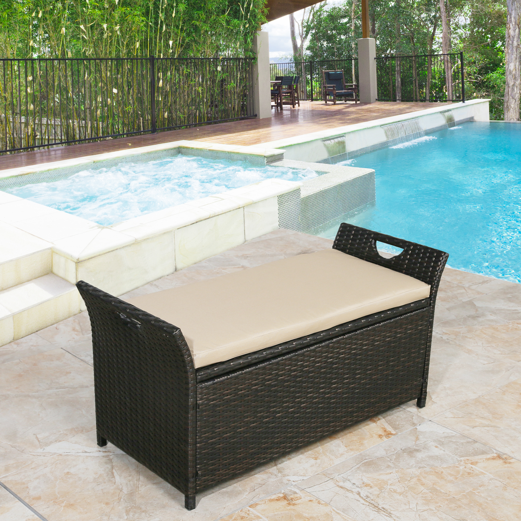 Patio Tree Outdoor Wicker Storage Bench Patio Furniture Rattan Deck Bin