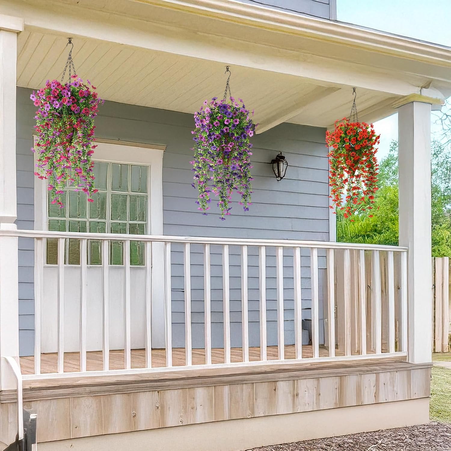 Artificial Hanging Flowers for Outdoors, 2 Pcs Fake Hanging Plant Spring Summer Decor, UV Resistant No Fade Faux Silk Daisy Flower for Planter Front Door Porch Patio Yard Garden(Double Purple)