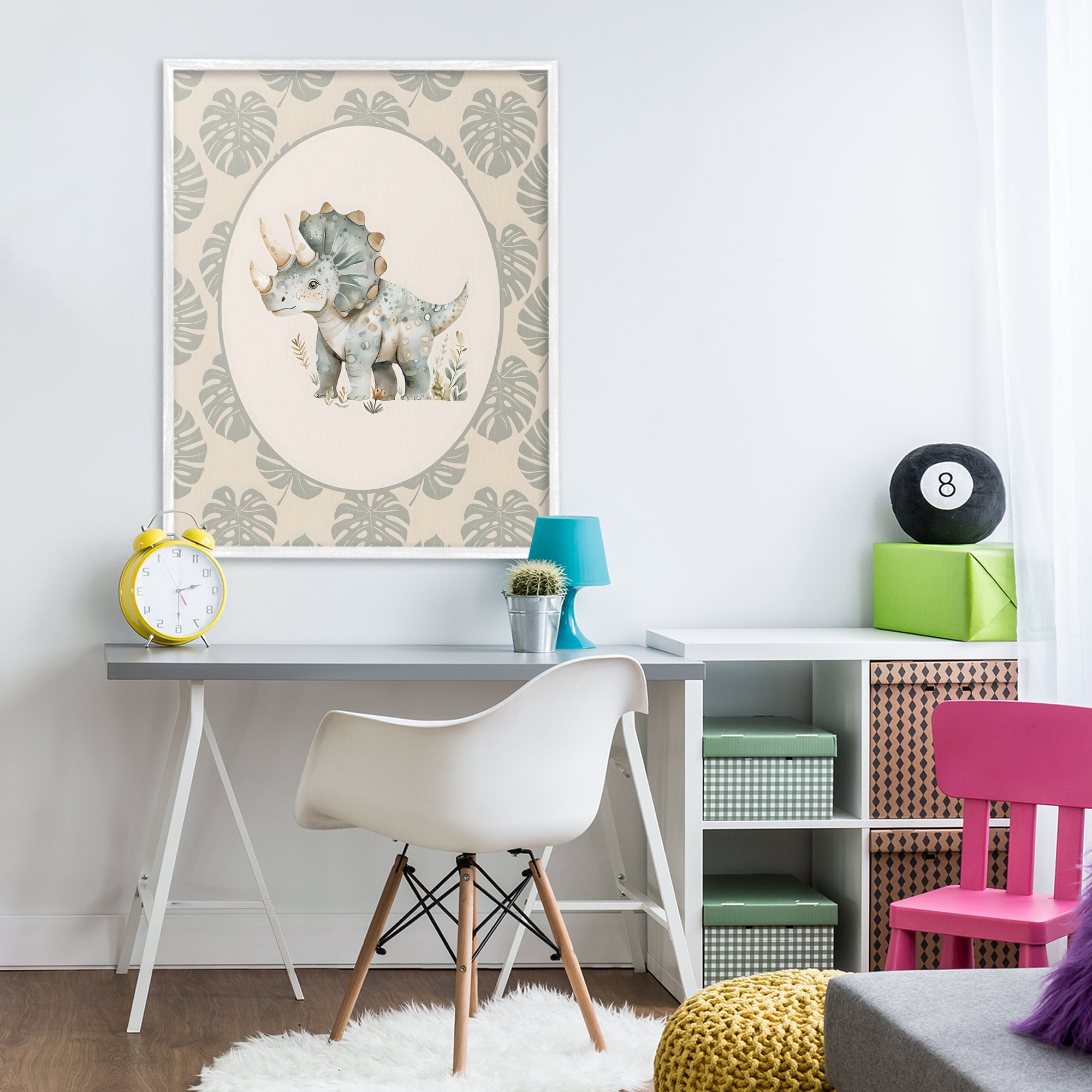 Stupell Industries Watercolor Dinosaur Tropical Border White Framed Giclee Art, design by LSR Design Studio