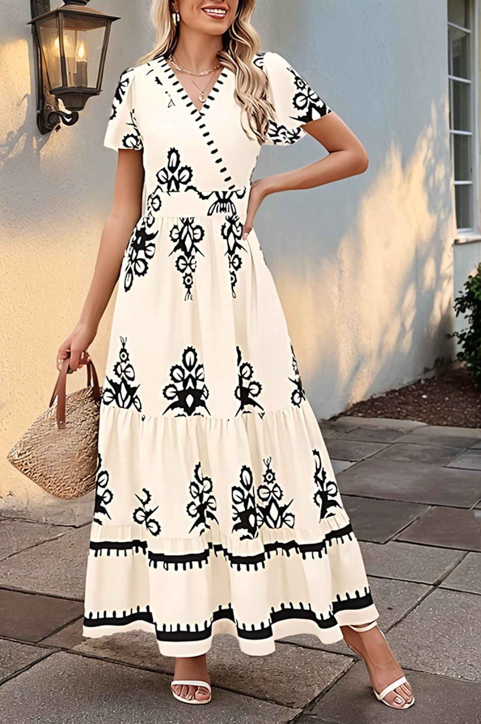 Womens 2025 Summer Casual V Neck Boho Maxi Dress Flowy Aline Bell Sleeve Tiered Floral Dresses with Pocket S