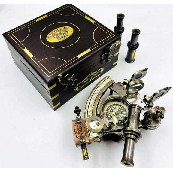 Brass Sextant Compass with Wooden Box Solid Nautical Sailing Maritime Marine Navy Functional Gift Decoration Christmas Present