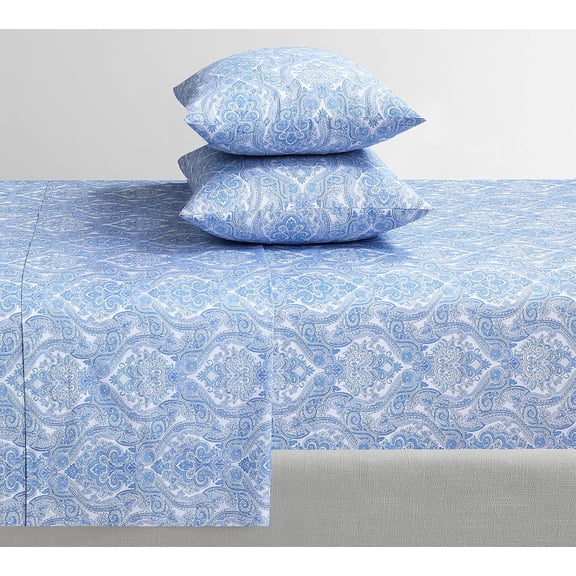 Feather & Stitch Softest   Size Blue Paisley Percale Sheet Set with Deep Pockets
