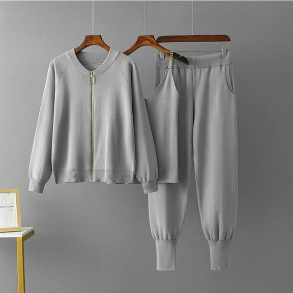 Roncen Women's 3-Piece Set - Drape Coat, Round Neck Knit Sweater & Wide-Leg Comfort Pants with Long Sleeve V-Neck Top/Shirt Casual Chic Outfit