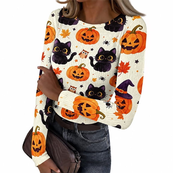 Akmaiox Halloween Long Sleeve Shirt for Women, Printed Crew Neck Slim Fitted Pullover Going Out Tops, Soft Knitted Holiday Base Layer Blouses