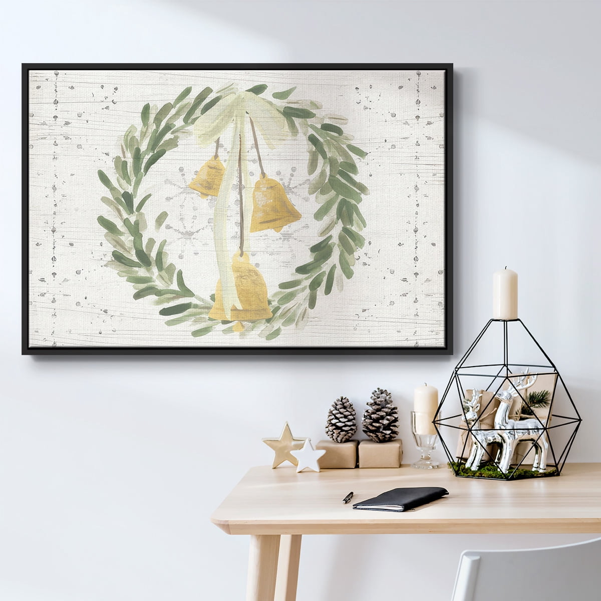 Weathered Aspen Wreath Collection A - Framed Gallery Wrapped Holiday Canvas - 17 x 25 - Black Frame