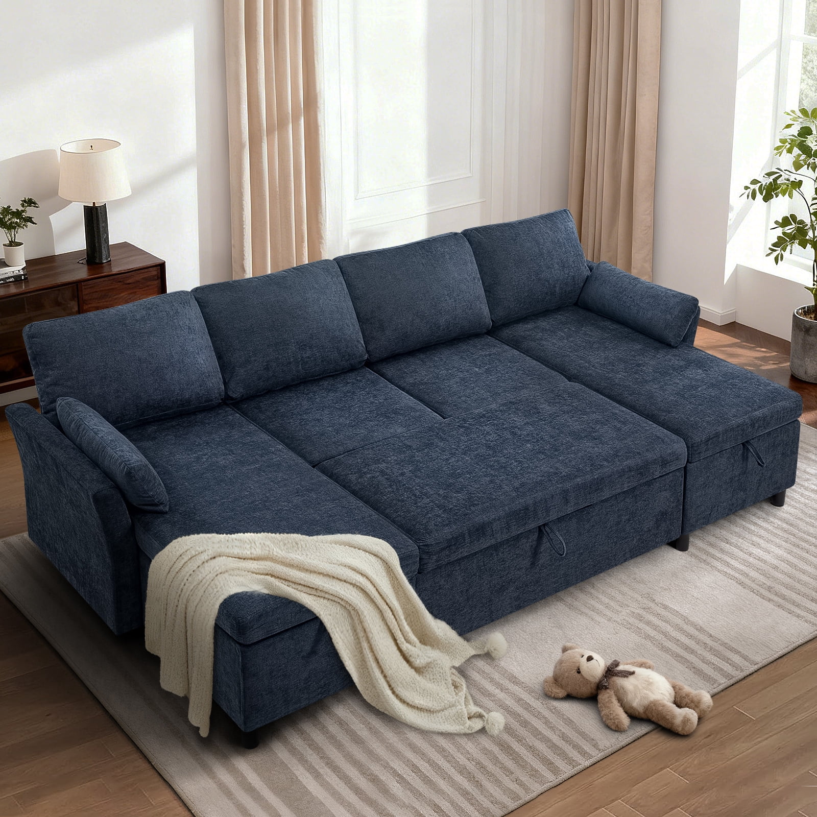 ACMEASE 107 Inches Fabric Sectional Sofa with Pull Out Sofa Bed, Modern U Shaped Sofa with Throw Pillows, Comfortable Sleeper Couch with Storage Chaise for Living Room, Blue