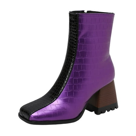 YHGFVOKJ Boots for Women Leather Square Toe High Heel Solid Color Colour Blocking Medium Large Size Boots Ankle Boots Short Boots Shoes Women s Boots Purple 42