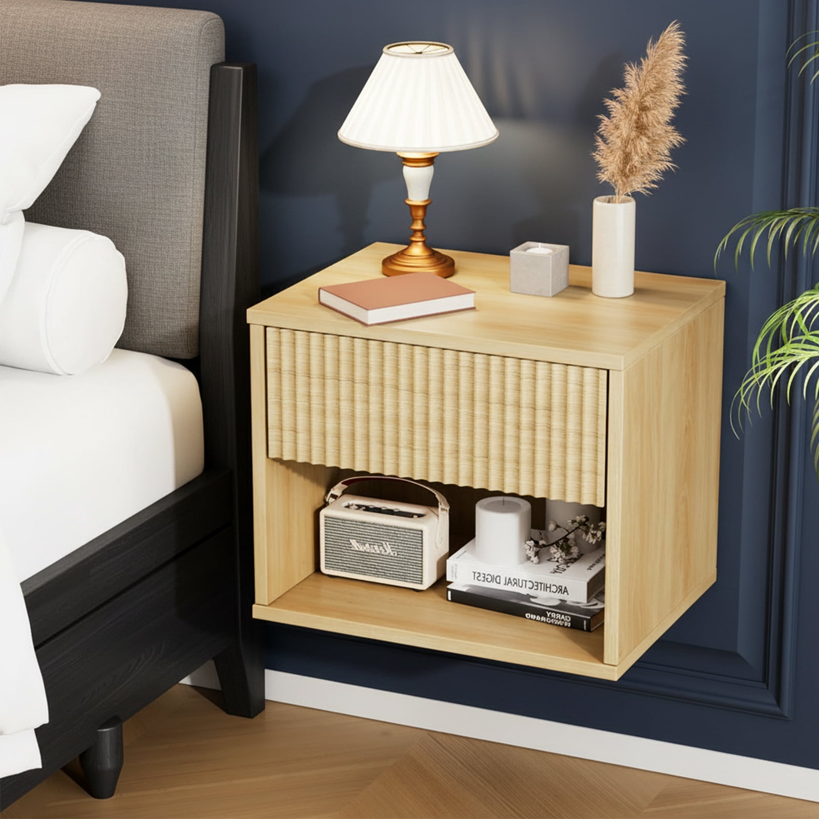 Zimtown Fluted Floating Nightstand Set of 1, End Table Wooden Bedside Table Large Capacity Easy to Assemble, Oak