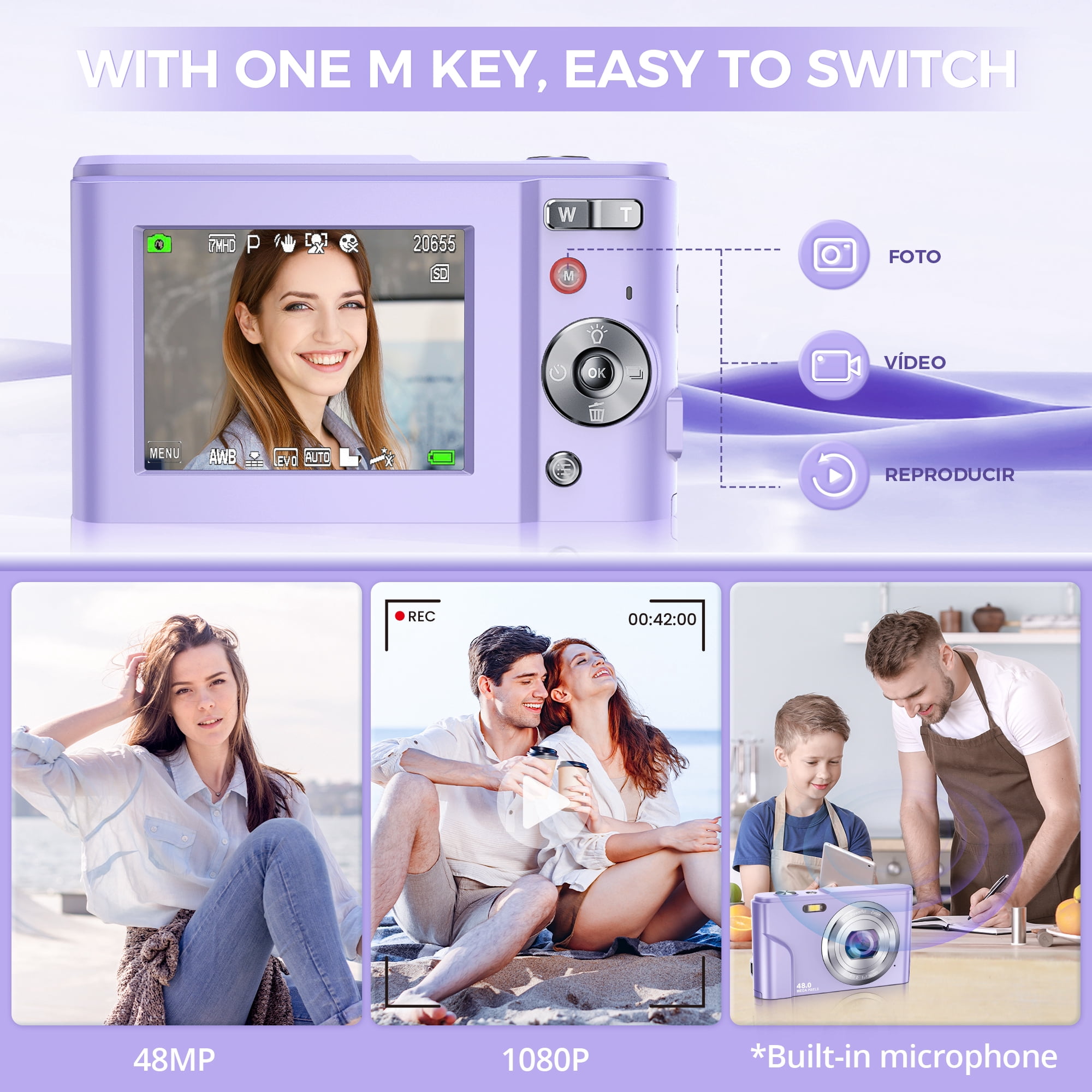 Digital Camera Rechargeable w/ 32GB TF Card, 1080P Video 48MP Fun Retro Filters 16X Zoom Date LED Fill Light, Entry Level Point and Shoot Camera (Purple)