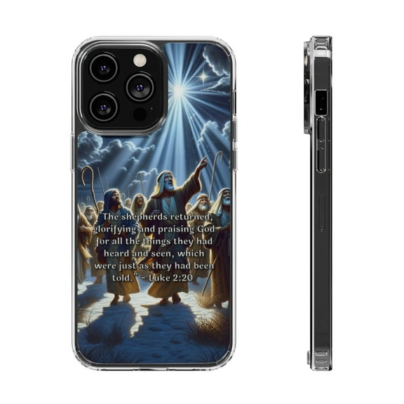DistinctInk Hybrid (Acrylic / TPU) Clear Slim Fit Case for Apple iPhone 15 Pro (6.1" Screen) - "The Shepherds' Glorious Praise: Luke 2:20"