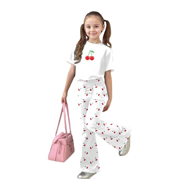 Bibifish Big Girls 2 Piece Summer Set Cherry Print Tee And Flare Legging Lightweight Elastic Waist Toddler Playwear Beach Adorable Fresh Daily Outfit Set