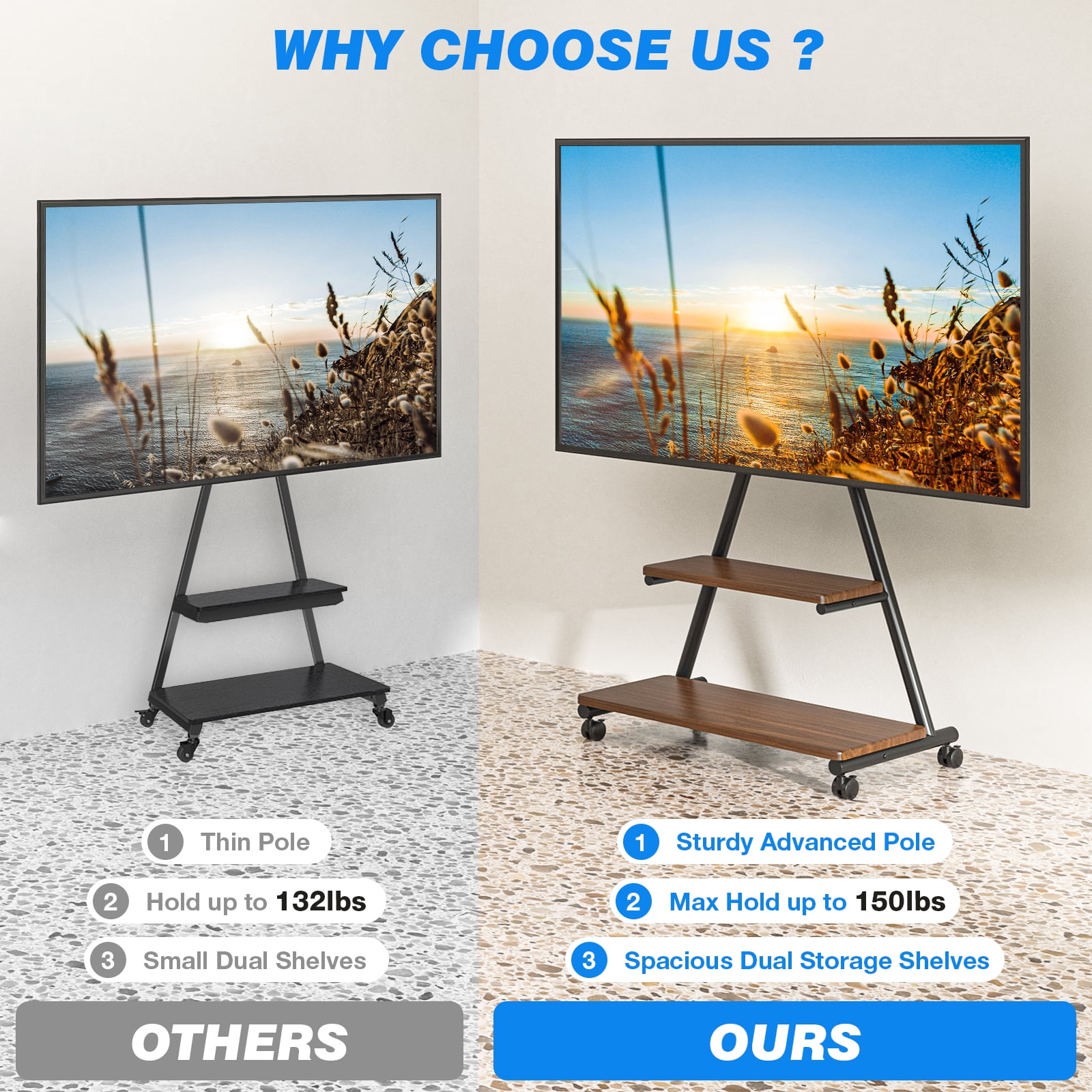 TAVR Furniture Rolling TV Stand for 43-80 inch, Portable TV Stand on Wheels with Enhanced Triangular Design up to 150lbs, Height Adjustable, Brown