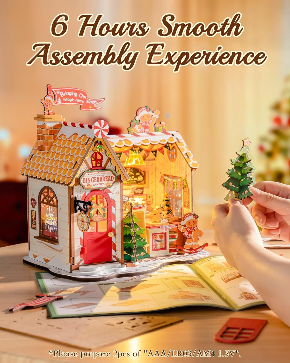 ROBOTIME Christmas Gingerbread House DIY Miniature House Kit,Mini Wooden Dollhouse Building Sets for Desk Decor,Tiny Home Craft Kits Gifts for Adults Teens