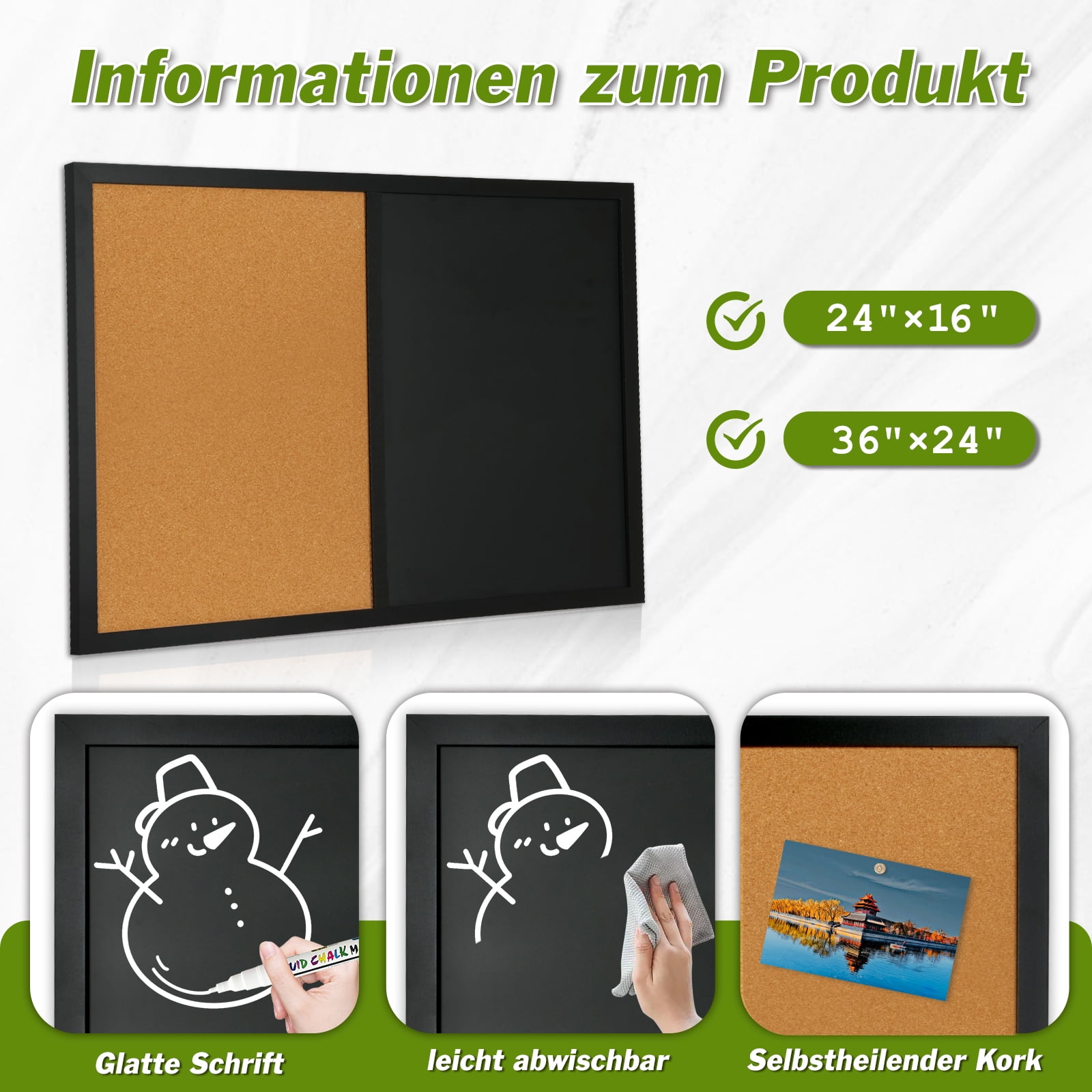 Combination Chalk and Cork Board Half Cork Bulleting Board Half Black Board Combo 16" x 24" Wooden Frame (Wooden Half Cork Half Black Board)