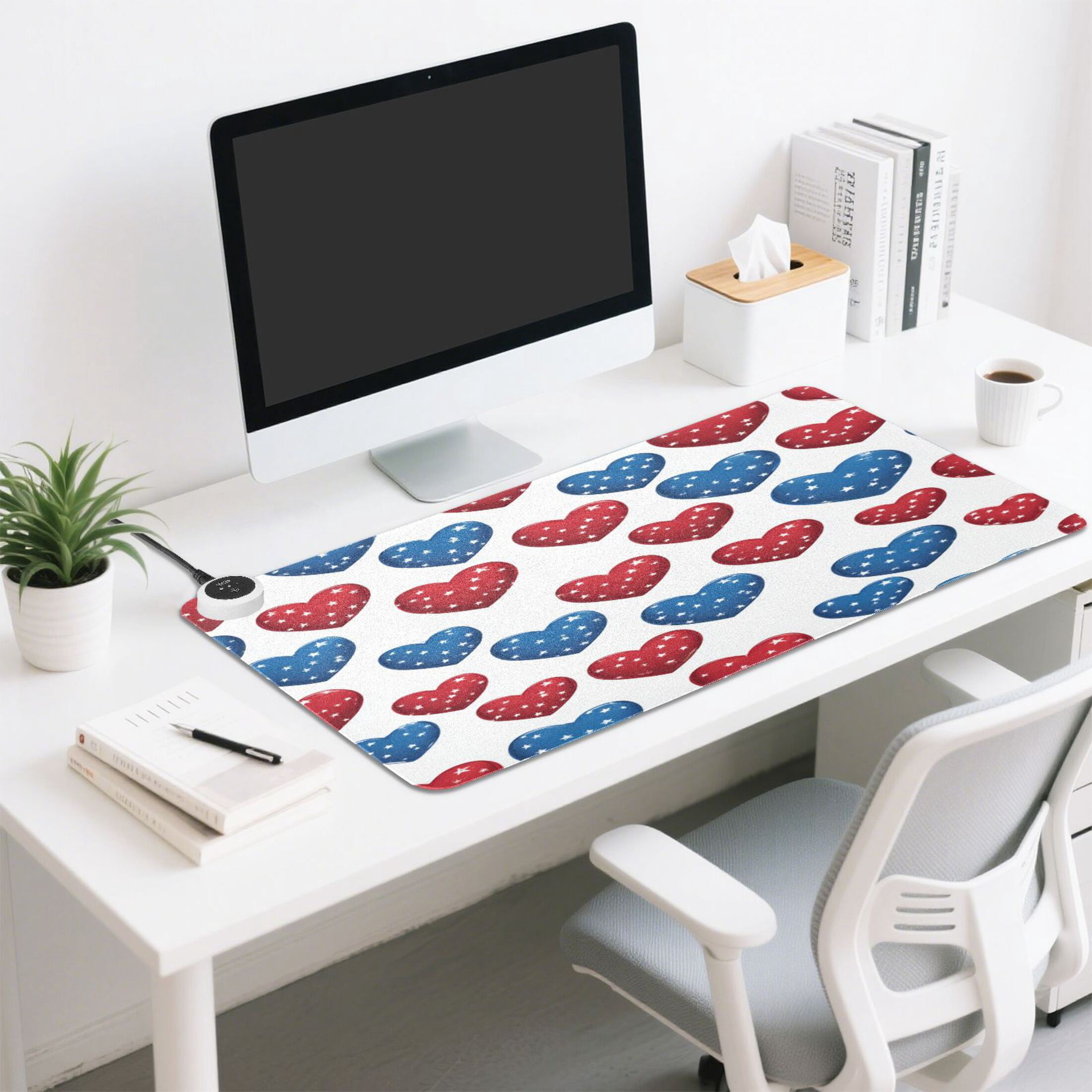 Large Heated Desk Mat Mouse Pad 31.5"x13"PU Leather Graphene Heating Desk Warmer with 3 Temperature Settings 110V US Plug Non-Slip Warm Pad for Home, Office, and Gaming Patriotic Star Hearts Print