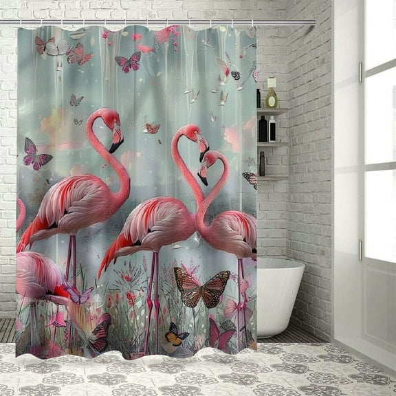 Orinice Flamingo Shower Curtain Pink Floral Butterfly Tropical Forest Wildlife Flamingo Bird Dreamy Nature Scenery Bathroom Decor Fabric Curtain with Hooks, 6770GB 36x72