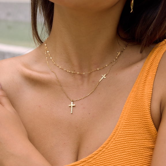 14K Yellow Gold Double Chains Necklace for Women Dainty Cross Pendant Necklaces Waterproof Choker Necklaces