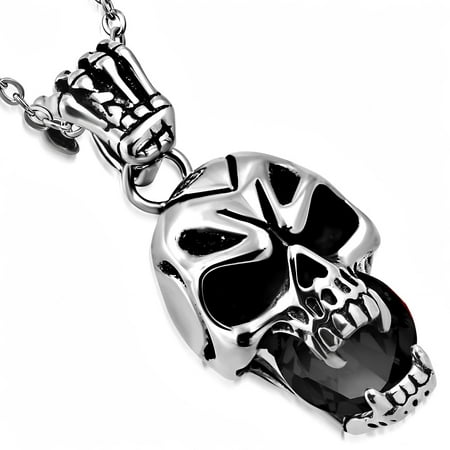 Stainless Steel Silver-Tone Black CZ Skull Mens Pendant Necklace, 21.5"
