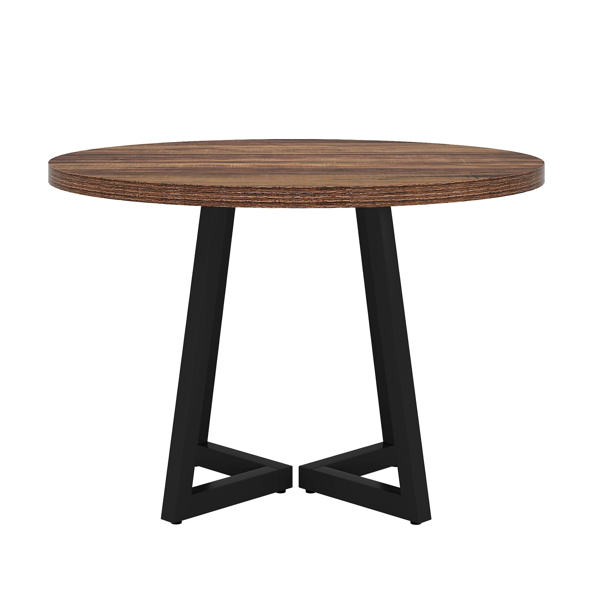 MAYEERTY 31.5 Inch Round Industrial Dining Table, Vintage Brown Wood Kitchen Dinner Table with Black Metal Base for 2 People