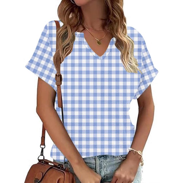 Fiudx Ofertas Flash Artículos En Oferta Camiseta Holgada Informal de Manga Corta con Cuello En V a Cuadros para Mujer
