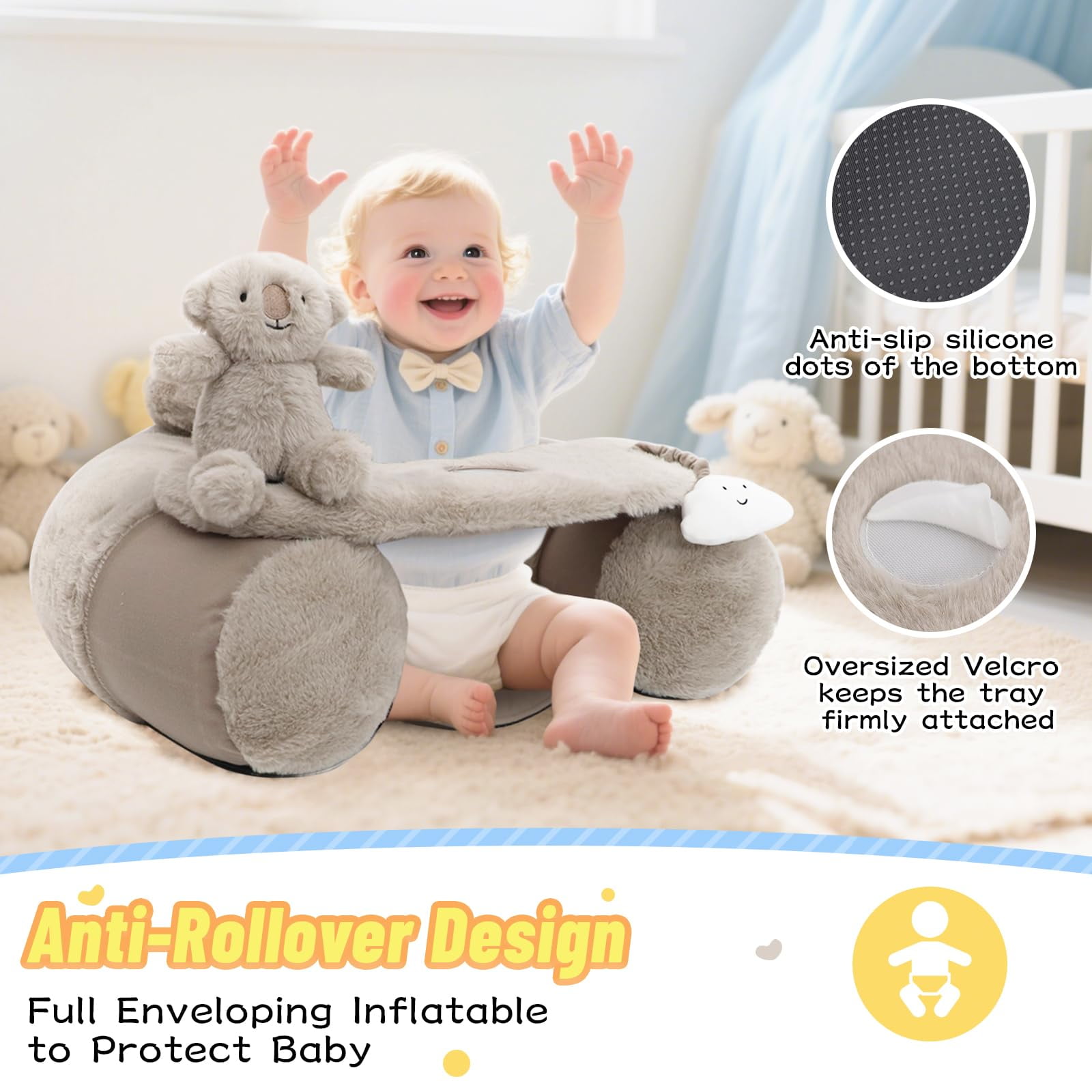 Baby Sit Me Up Seat, Inflatable Baby Seat with Cover for Babies 3-36 Months,Portable,Inflatable Sit & Play Floor Seats for Sitting Up (Gray)