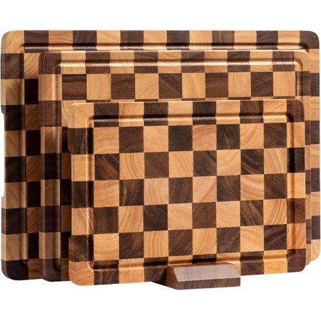Checkered Acacia Cutting Board Set (3-Piece) – Chopping Boards with Juice Grooves, Handles, Butcher Block, Gift Box