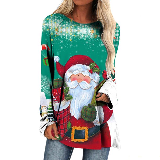 Blusas Navideñas Para Mujer Blusas de Manga Larga Camisas Tipo Túnica Informales Con Cuello Redondo Odeerbi ODB183182