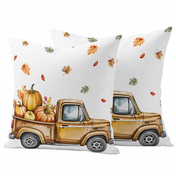 Yellow Truck Fall Outdoor Waterproof Pillow Covers, Thanksgiving Pumpkins Maple Decorative Square Throw Pillowcase Sofa Cushion Sham for Patio/Couch/Chair, 24"x24" 2 Pack