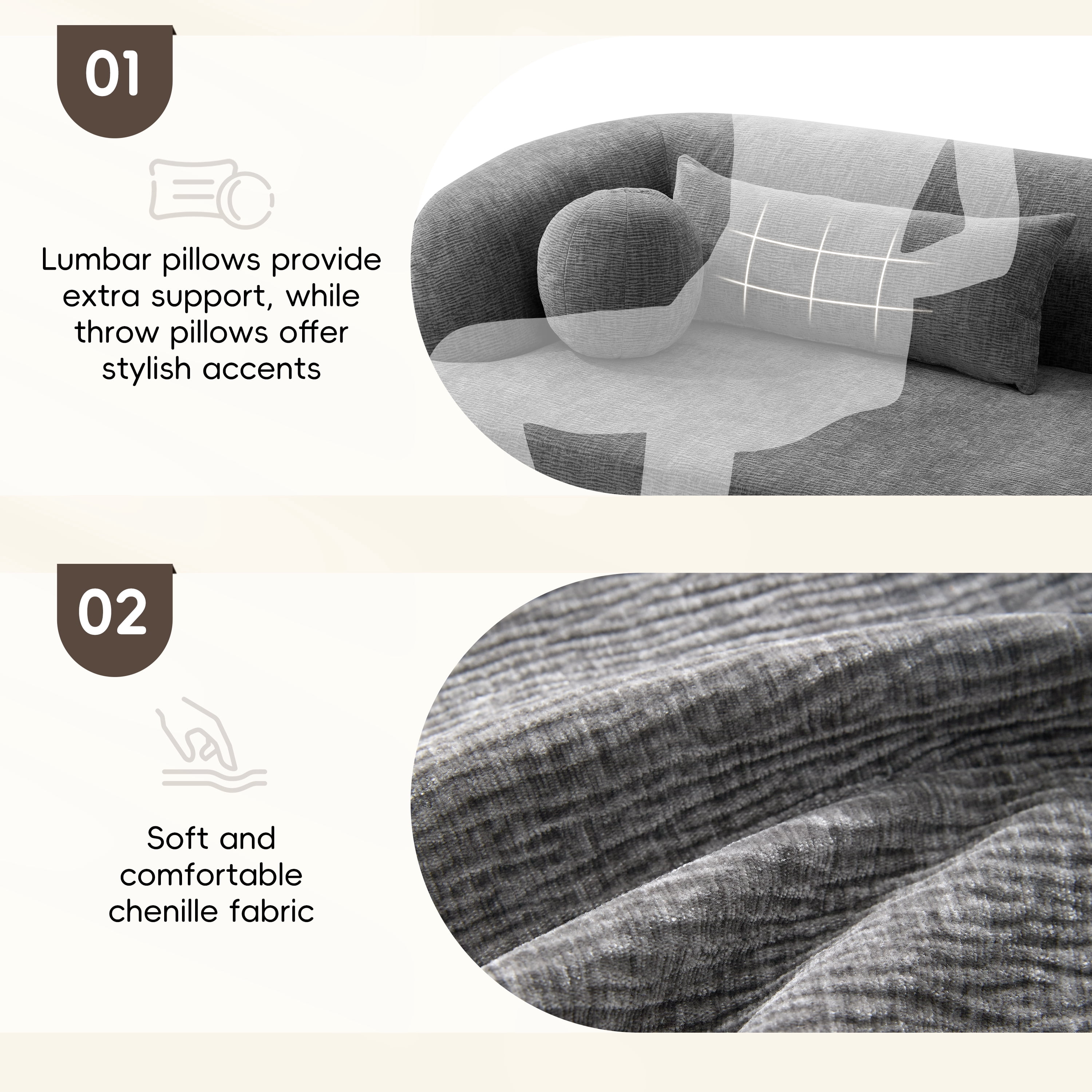 Sofa, Couch, No Assembly Sofa, Curved Frameless Chenille Cloud Couch Compressed Delivery, Includes 4 Pillows, 3-Seater Sofa for Living Room, Gray