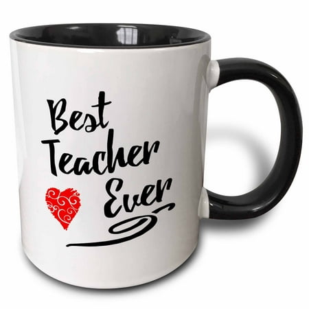 3dRose Typographic Design- Best Teacher Ever in Black with Red Swirly Heart - Two Tone Black Mug,