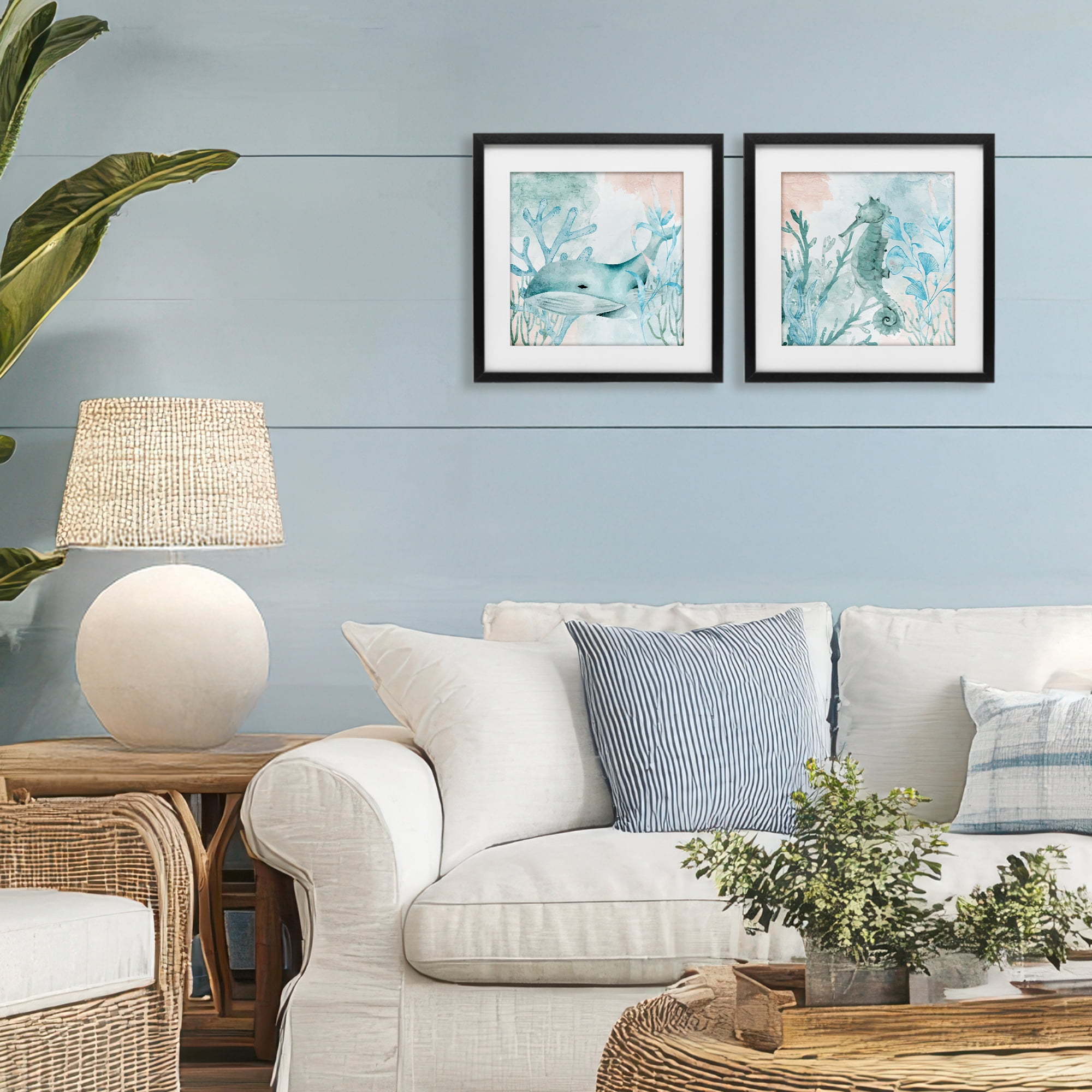 Stupell Industries Whale & Seahorse Sea Swim 2 Piece Black Framed Print Under Glass Set, design by Kim Allen