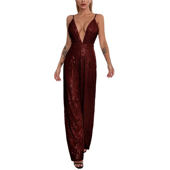 MSJUHEG Glitter Pants Women,jumpsuits for Women,sequin Jumpsuit,elegant Deep V Backless Temperament Sequin Suspender Long Skirt Sparkly Pants for Women,jumpsuits for Women Dressy Party Wines