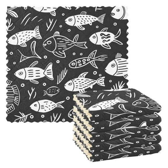 6 Packs Cute Doodle Fishes Kitchen Dish Towels Soft Absorbent Dish Cloths 11"x11"