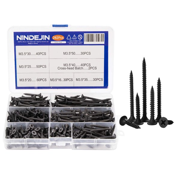 shiyou-M3.5 Phillips Drive Self Tapping Screw Assortment Kit, 282 PCS Carbon Steel Flat Head Self-Tapping Screws, Black Wood Screw M3.5 Screws for Woodworking and Home 7 Sizes (16-50 mm)