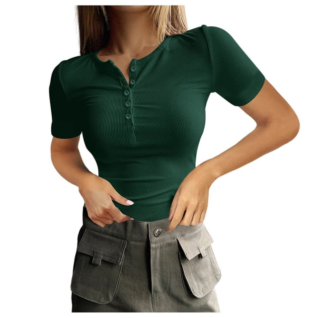 Top de punto ajustado de manga corta con botones y canalé para mujer - Blusa informal de moda