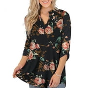 OmicGot Women's Plus Size Tunic Tops 3/4 Roll Sleeves Floral Print V Neck Henley Shirts M-4X