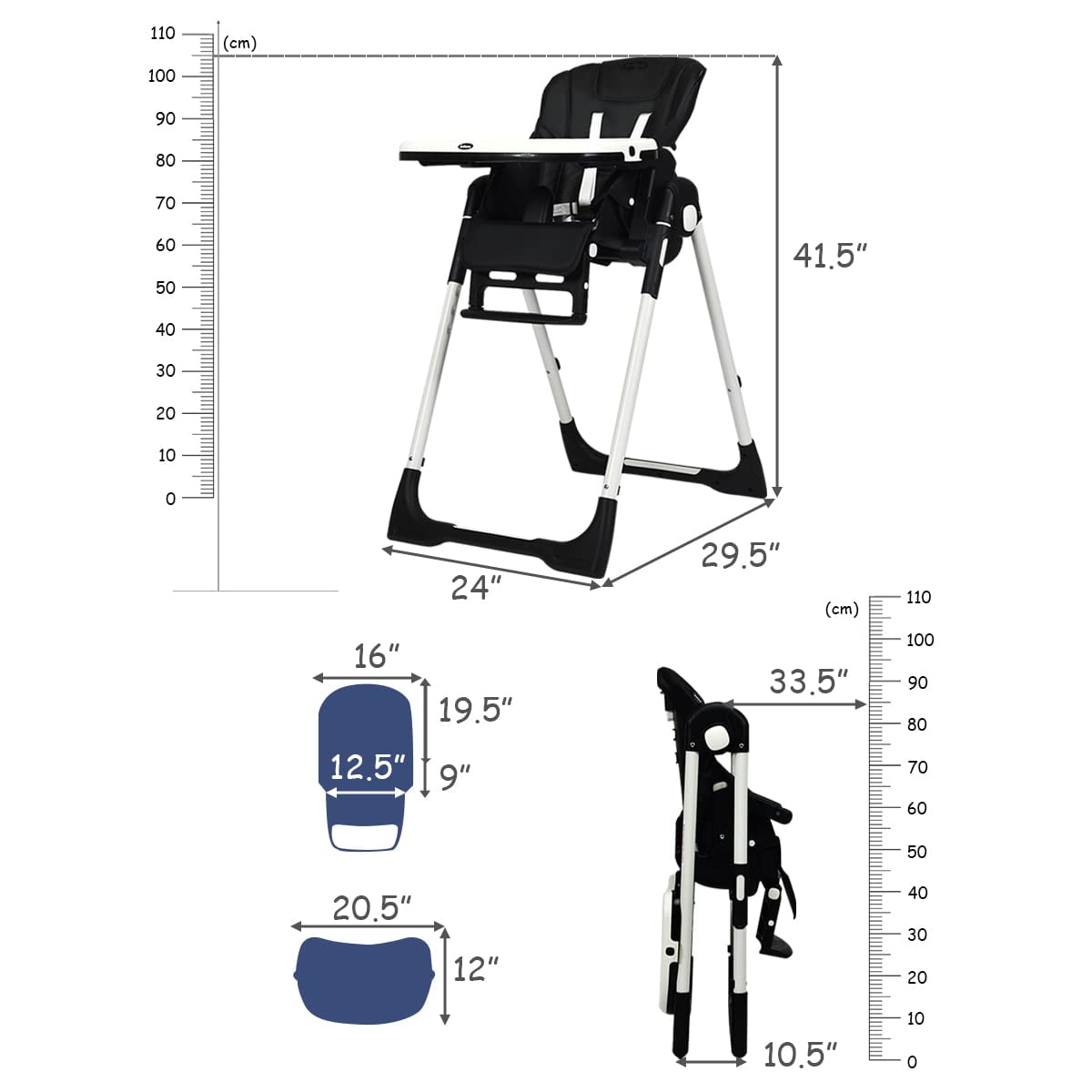 INFANS High Chair for Babies & Toddlers, Foldable Highchair with Multiple Adjustable Backrest Footrest Seat Height, Removable Tray, Detachable PU Leather Cushion, Built-in Rear Wheels