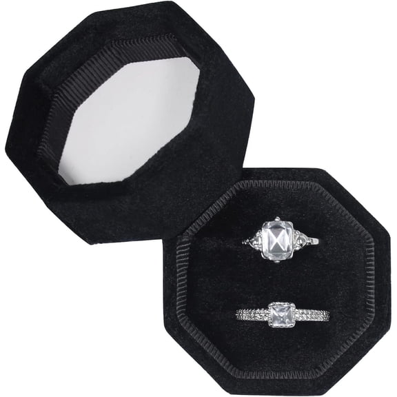 DESIGNICE Velvet Ring Box,Ring Box 2 Slots Ring Gift Box Double Slots Octagon Ring Display Holder Case for Proposal Engagement Wedding Ceremony (Black)